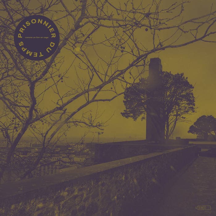 Pochette du premier album de Prisonnier du temps de Brest, teinte verte/jaune et bleu foncé. Un arbre sans feuille au premier plan et la ville de Brest en fond de scène.